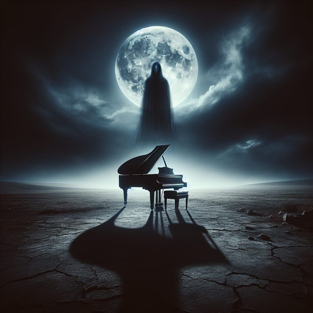 Eerie Moonlit Piano with Spectre in Desolate Landscape