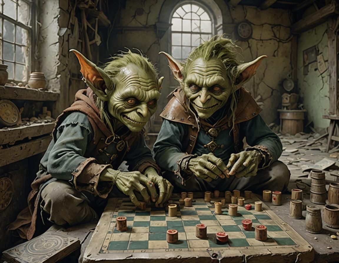Two Goblins playing draughts in an abandoned building