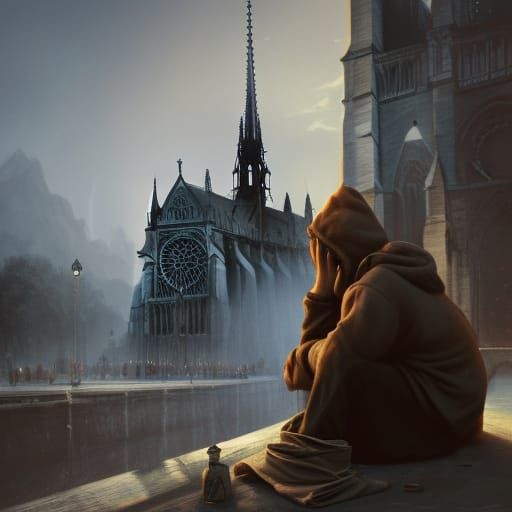 Homeless Beggar Sleeps near Notre Dame: Digital Art