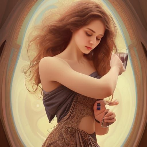 Elegant Woman Holding Glass, Digital Illustration