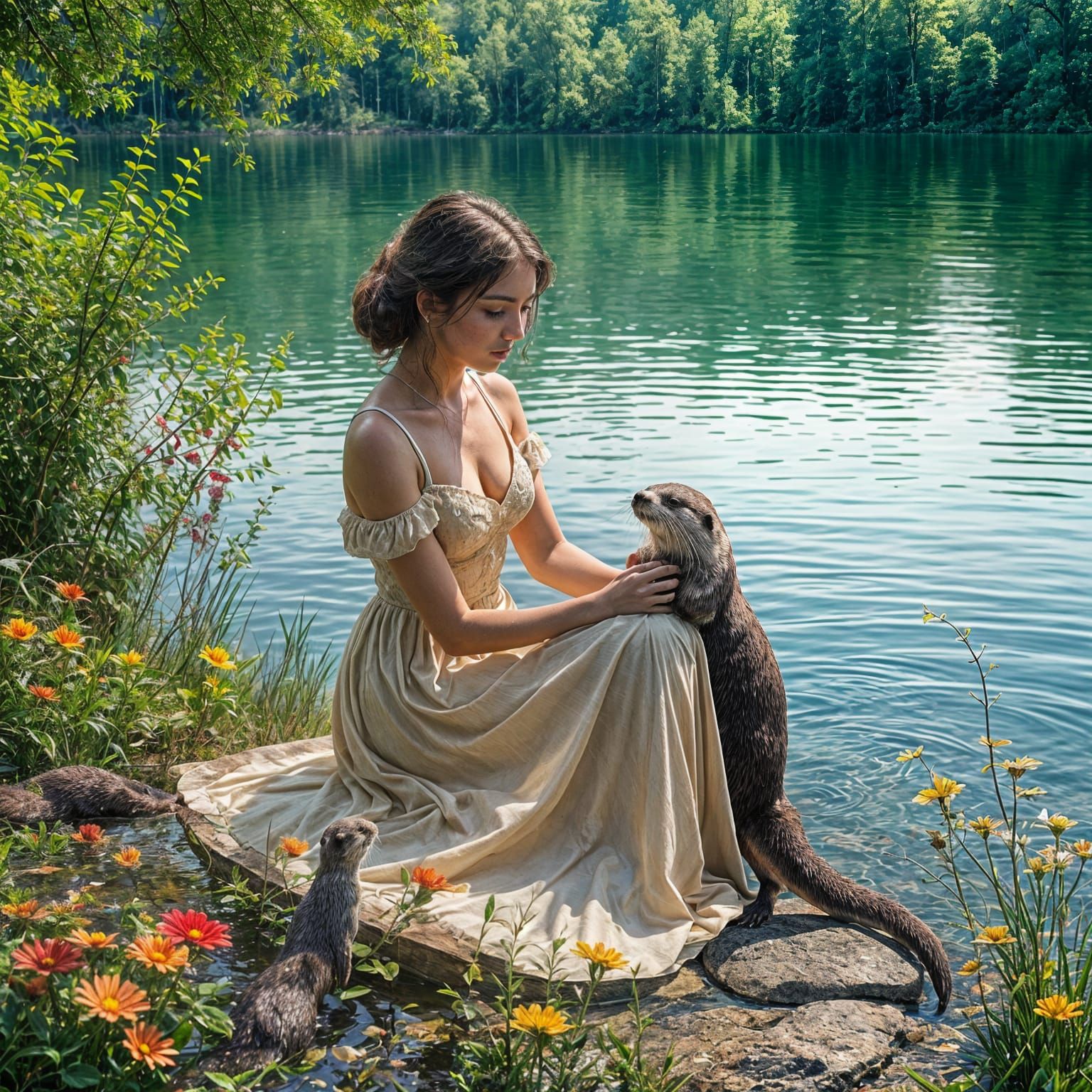 Beautiful Woman Interacts with Cute Otter at Lake