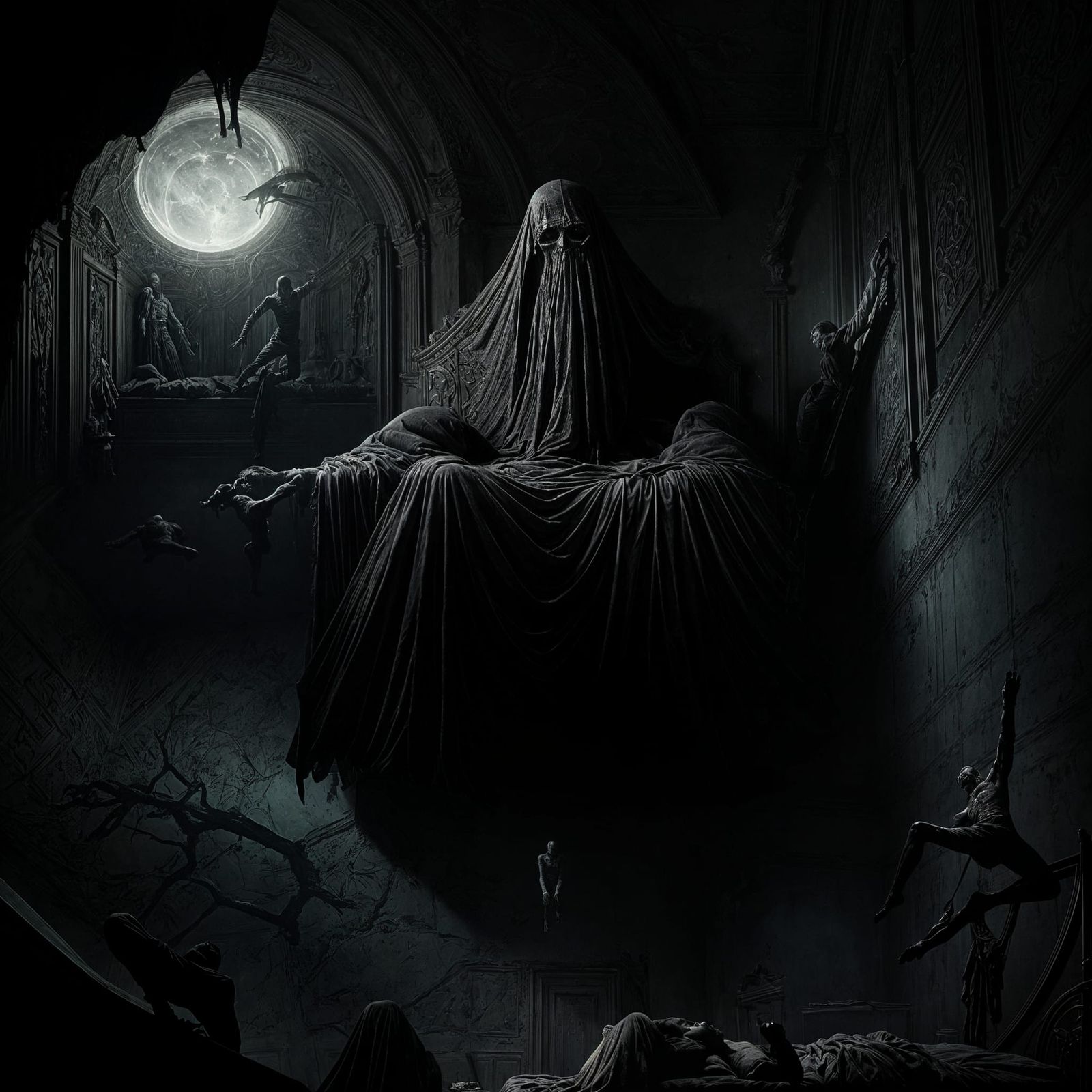 A Man Levitating Above His Bed in a Dark Room