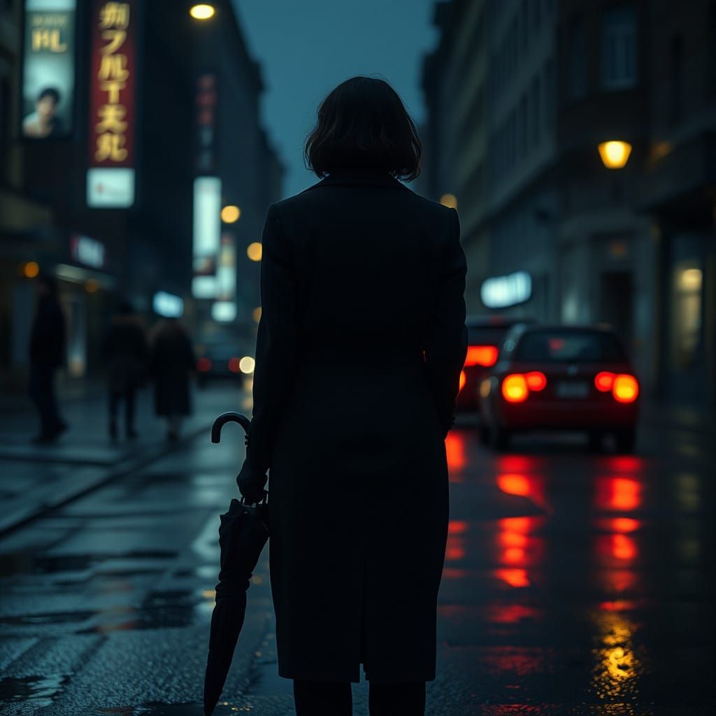 Melancholic Woman Lost in Rainy City Night