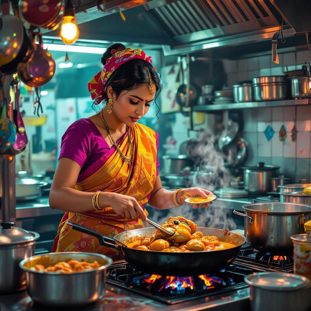 Woman Cooking Curry Fish Head in Futuristic Style