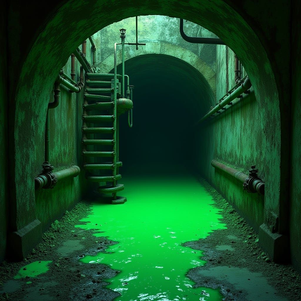 Abandoned Sewer in Neon-Lit Darkness