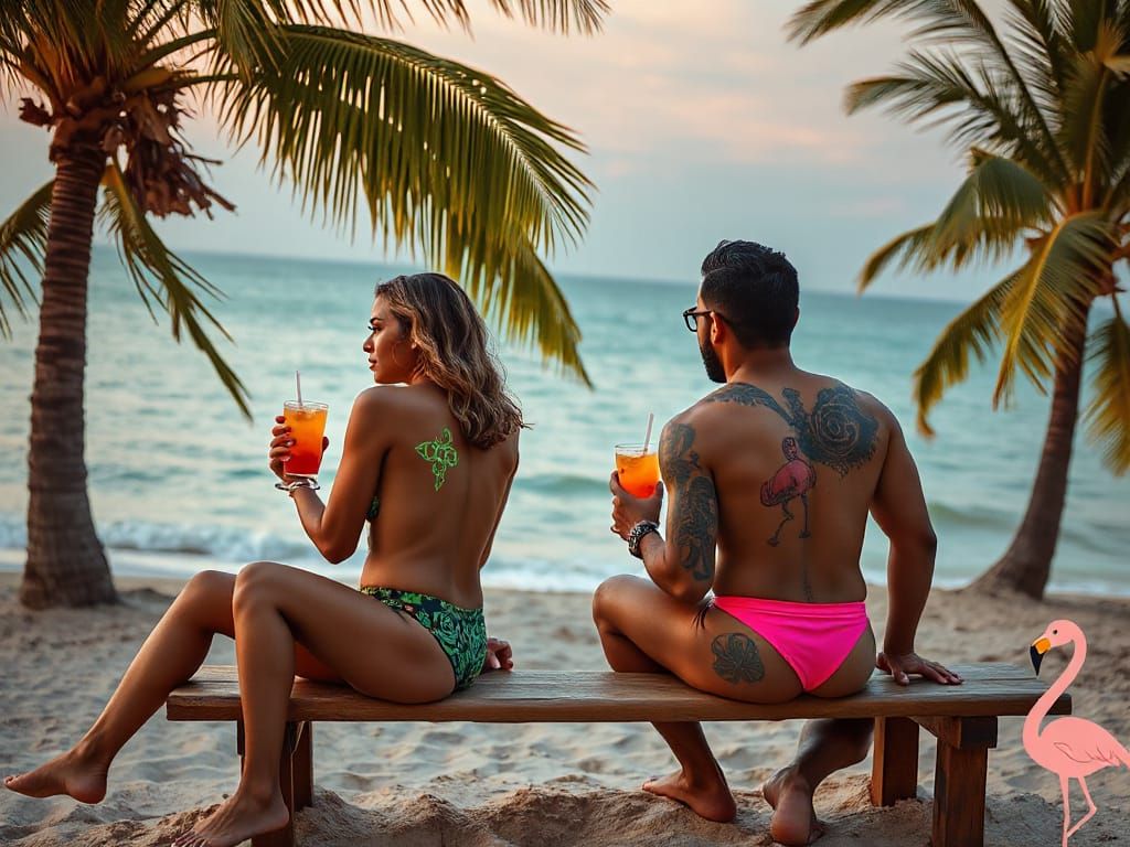 Couple with Neon Tattoos Sipping Cocktails at Sunset