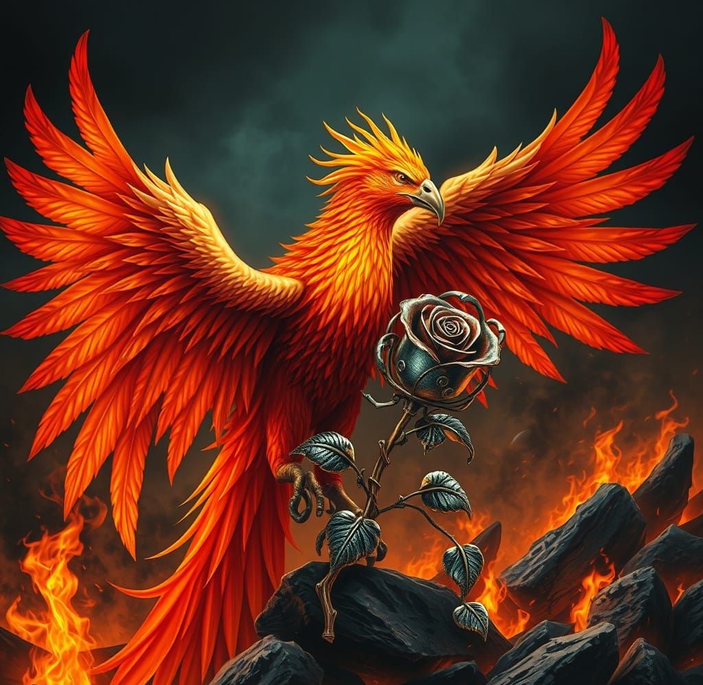 Fiery Phoenix Holds Metal Rose in Industrial Futurist Style