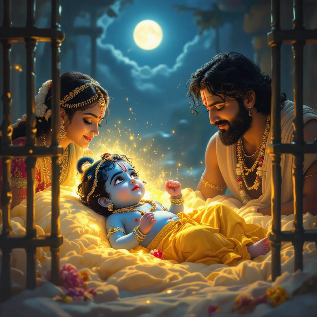 Krishna's Birth in Prison Cell: Ethereal Digital Art