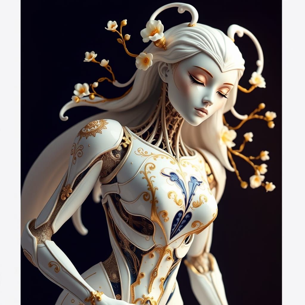 Porcelain Android Sculpture in Rococo Biomechanical Style