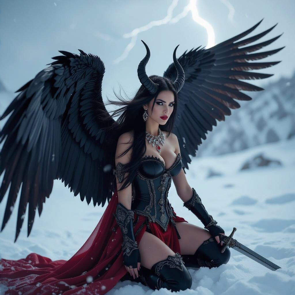 Dramatic Goddess with Wings in Snowy Landscape