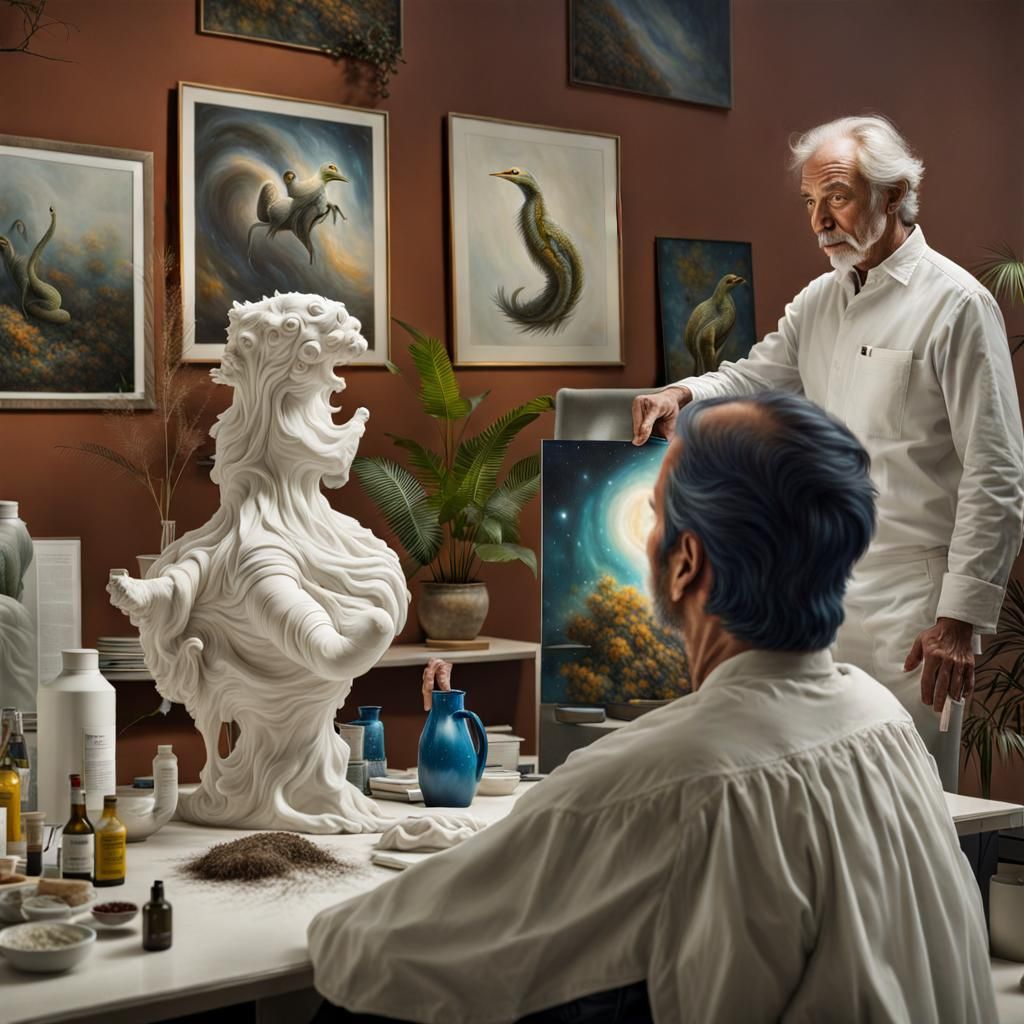 Surreal Portrait in White Laboratory, Photorealistic Style