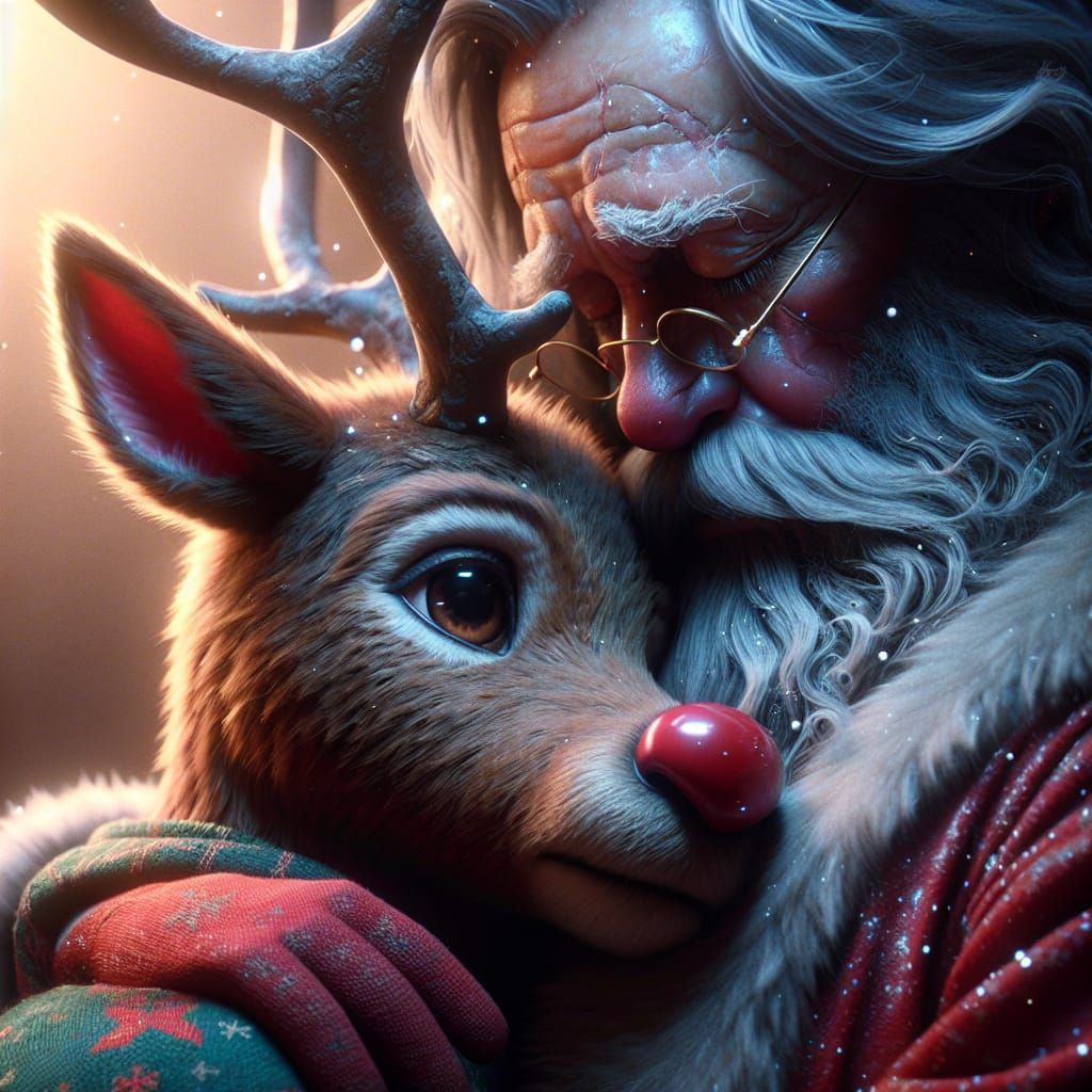 Whimsical Reindeer Comforts Lonely Santa in Moody Fantasy Ar...