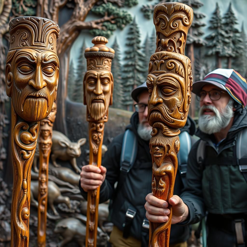 Hikers Admire Intricate Carved Wooden Walking Sticks