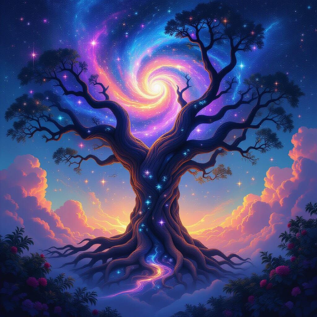 Cosmic Tree of Souls: A Surreal Airbrush Art