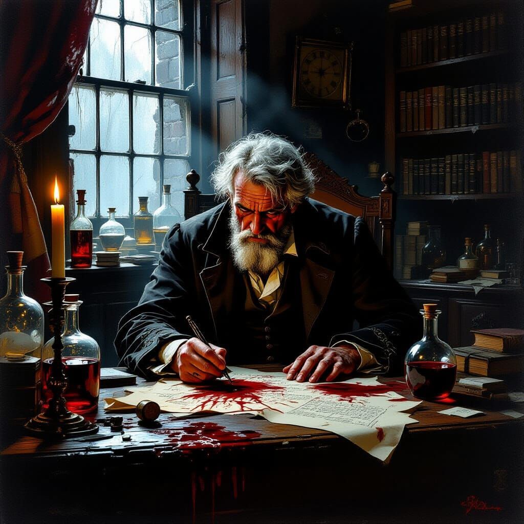 Macabre Alchemist's Study Murder Scene in Romanticism Style