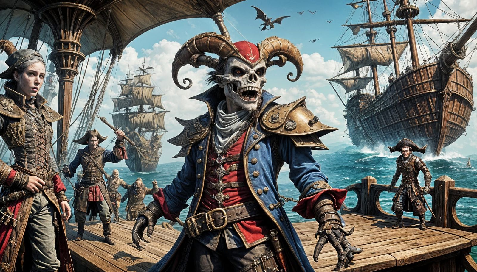 Steampunk Pirate Captain Battles Skeleton Zombies in Fantast...