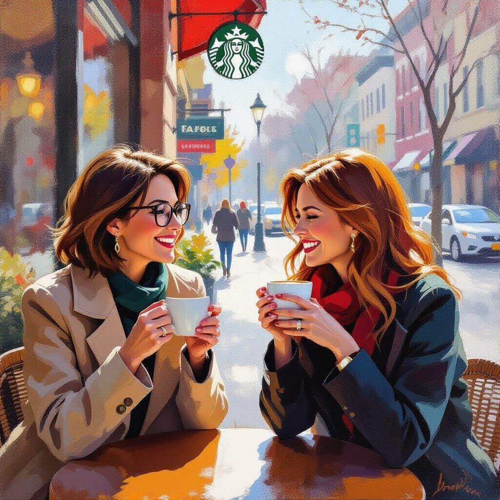 Impressionistic Women Chatting at Starbucks