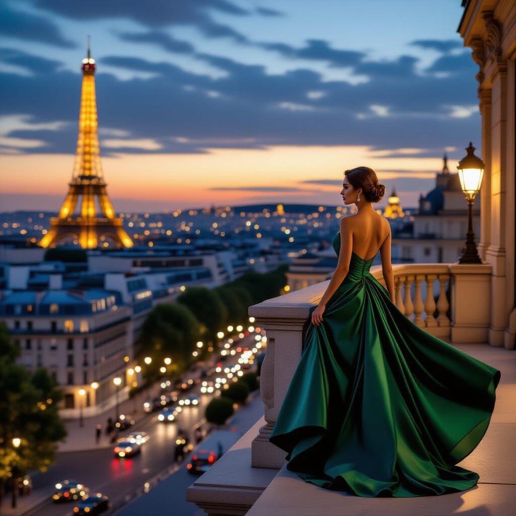 Elegant Woman in Emerald Gown on Parisian Balcony at Night