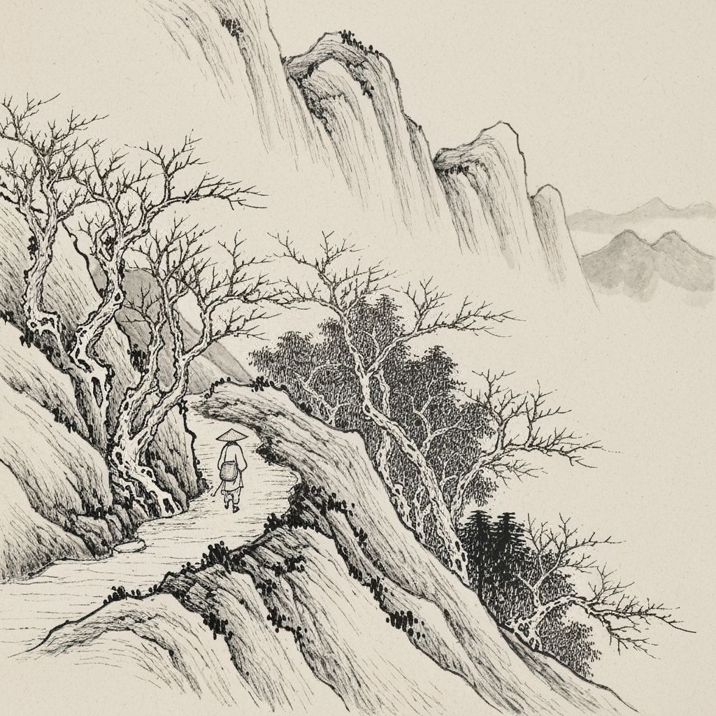 Lone Traveler in Tang Dynasty Ink Drawing Style