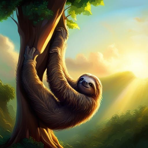 Sloth in Tree at Sunset: Detailed Matte Painting