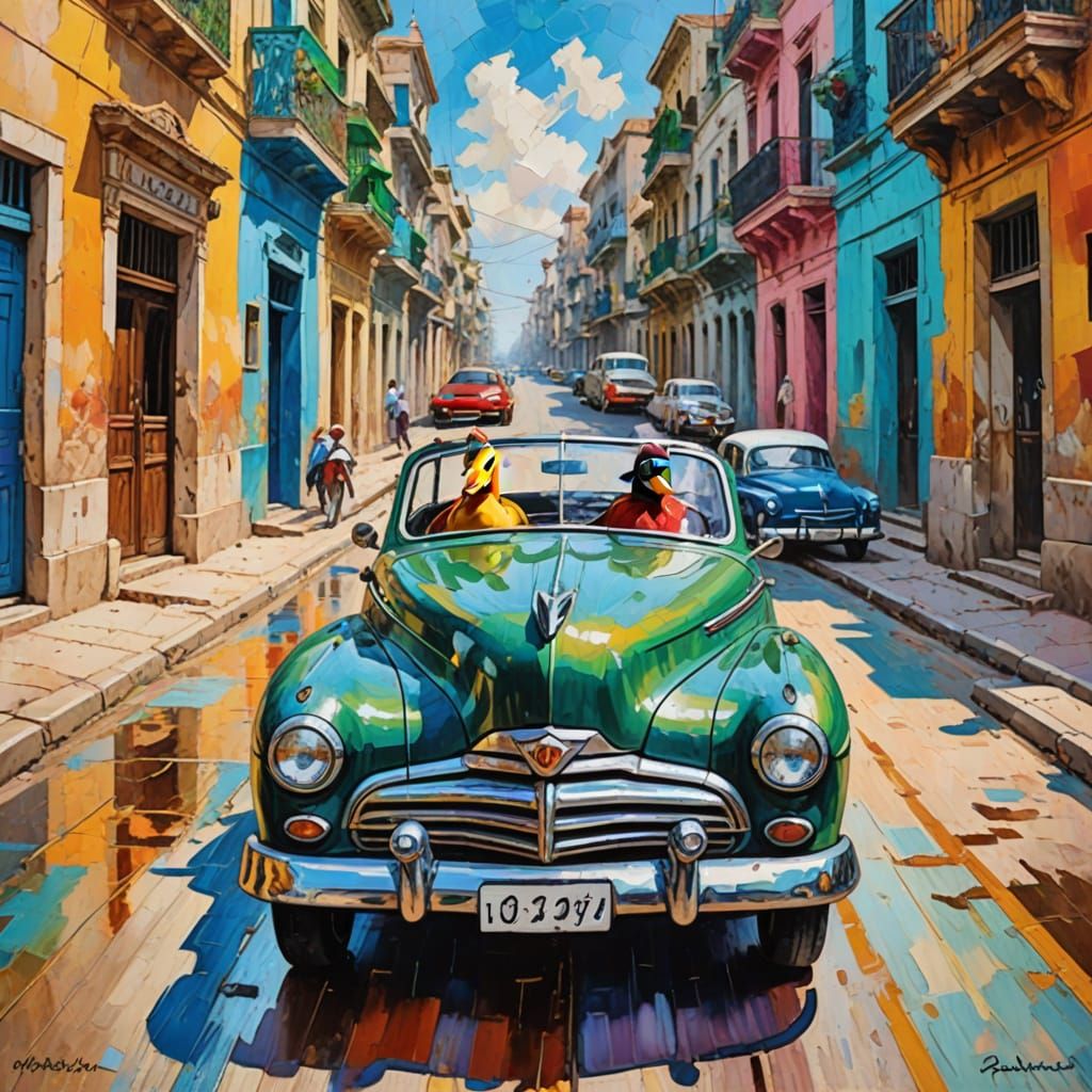 Duck Drives Vintage Car: Neo-Impressionist Havana