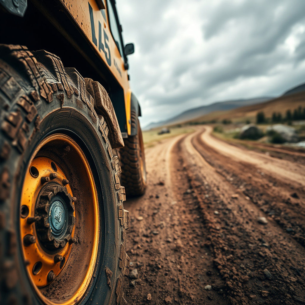 Yellow Off-Road Vehicle Wheel on Dirt Road