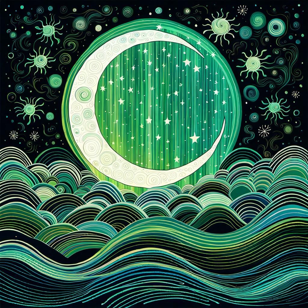 Ancient Painting of Green Moon with Psychedelic Elements