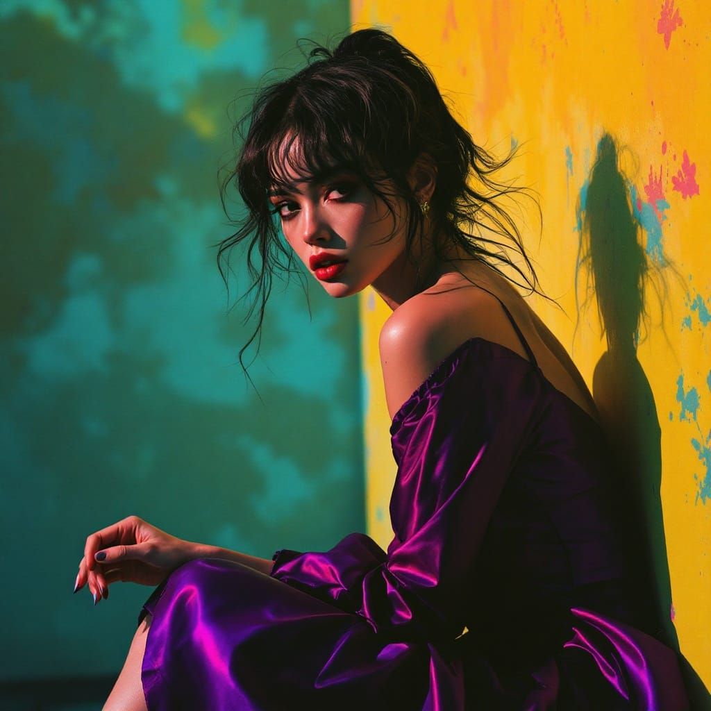 Ethereal Rural Goddess with Violet Dress and Intense Gaze