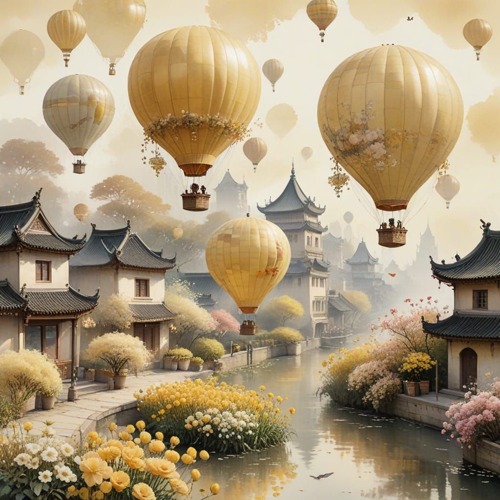 Hot Air Balloons Over Suzhou in Victorian Watercolor Style