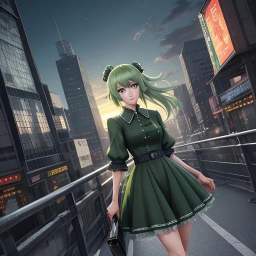 Anime Tradwife Silhouette in Cityscape at Sunset