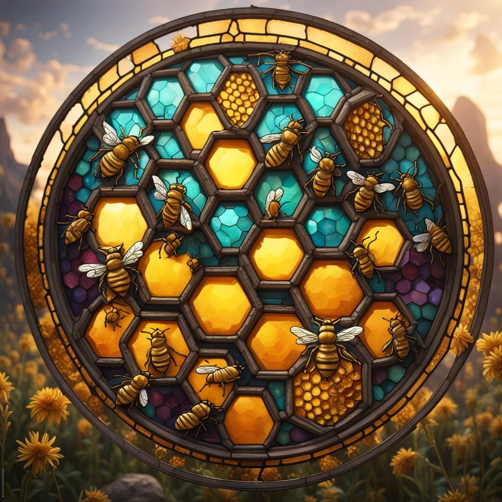 Honeycomb and Bees Stained Glass Graphic