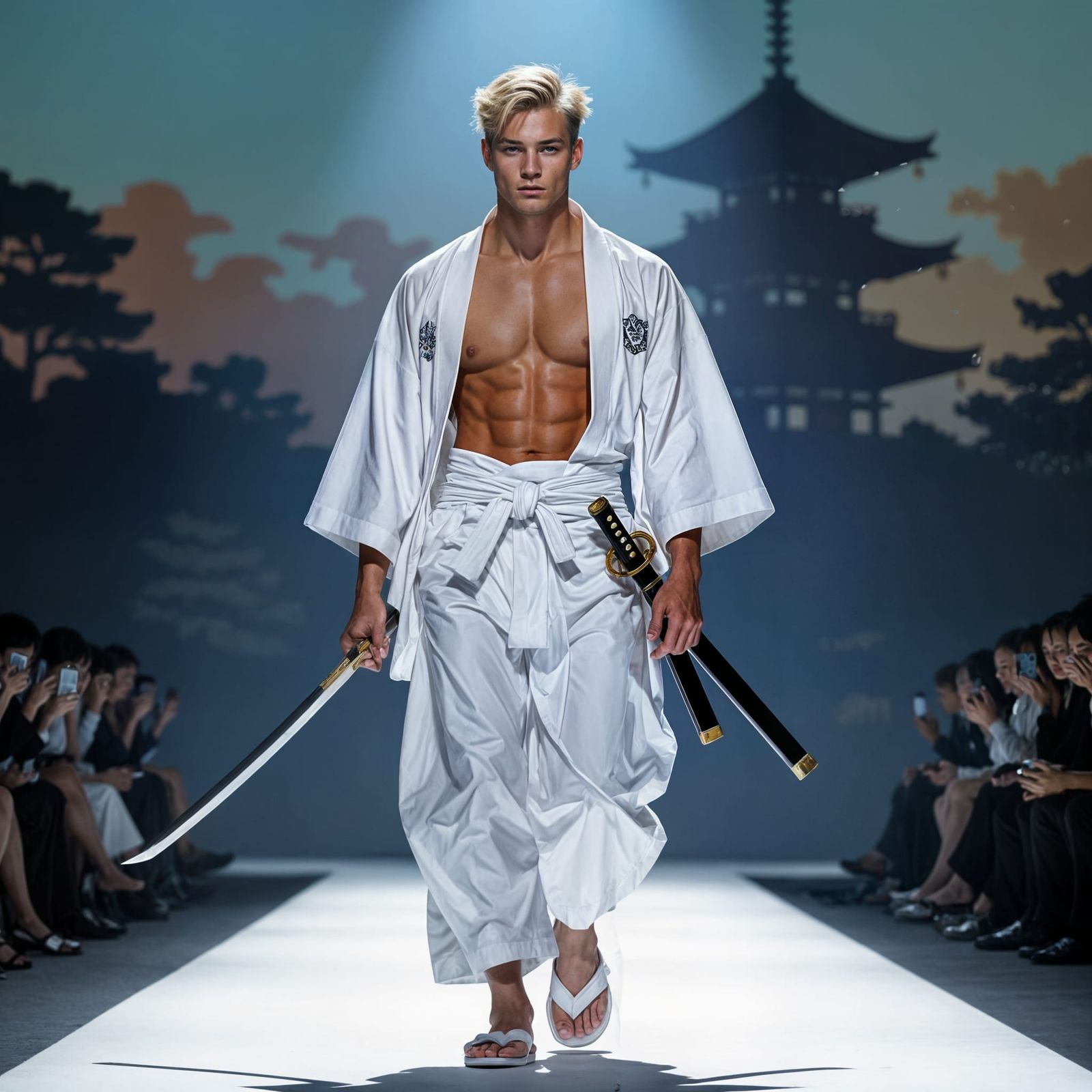 Man in Kimono with Sword, Hyperrealistic Splash Art