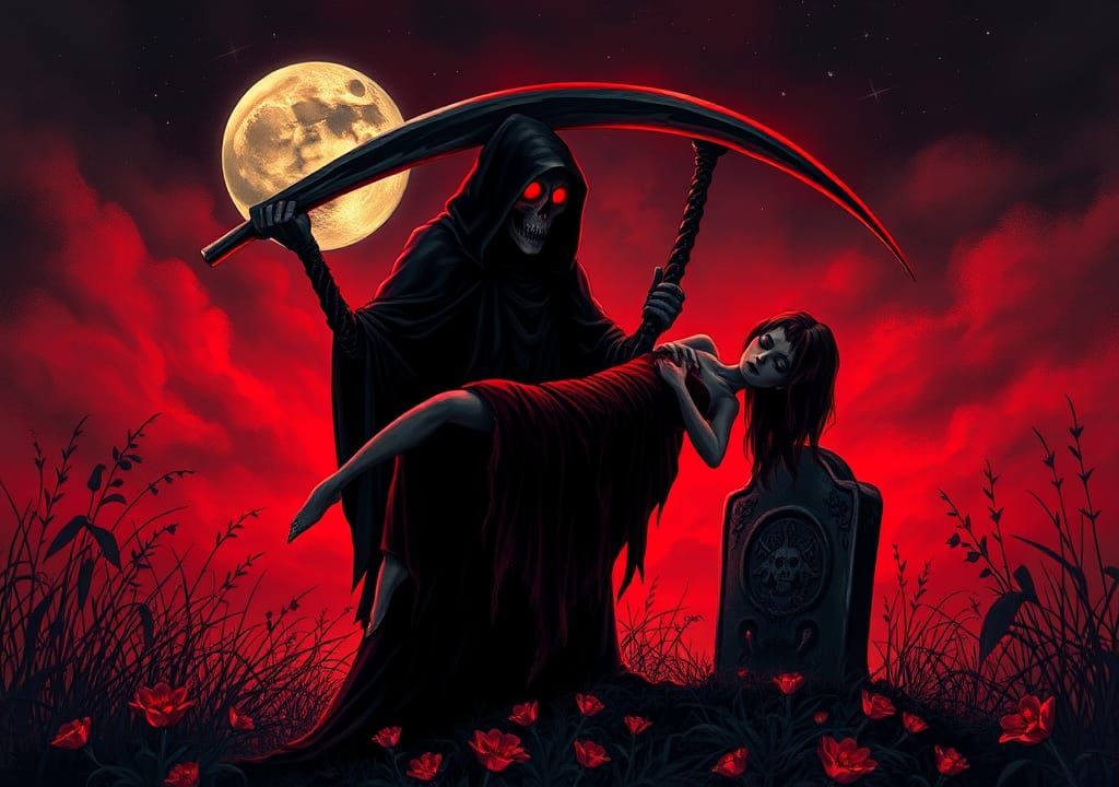 Grim Reaper carrying a woman to her grave 3