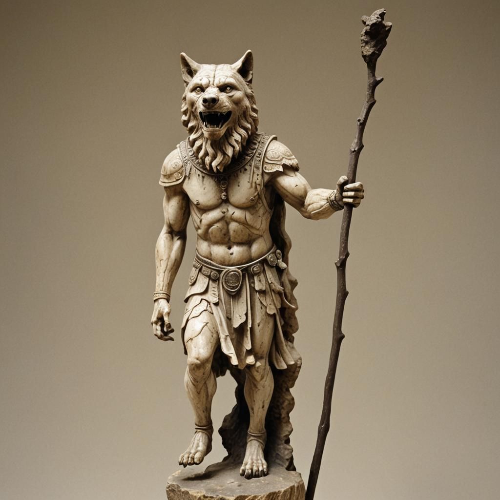 Wolf-Faced Man Statuette Landing on Staff in 3D