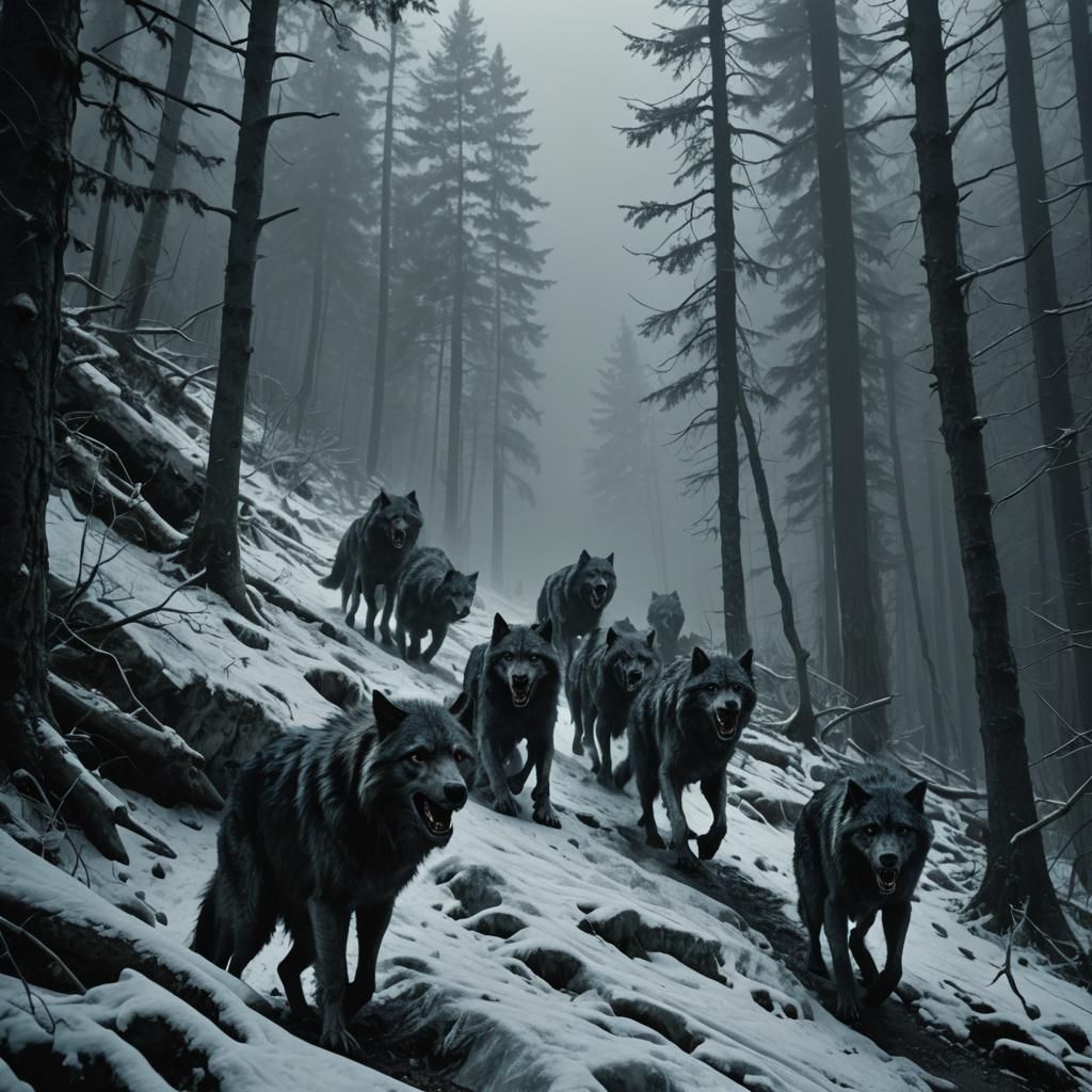 Cinematic Werewolves in Dark Forest Film Still