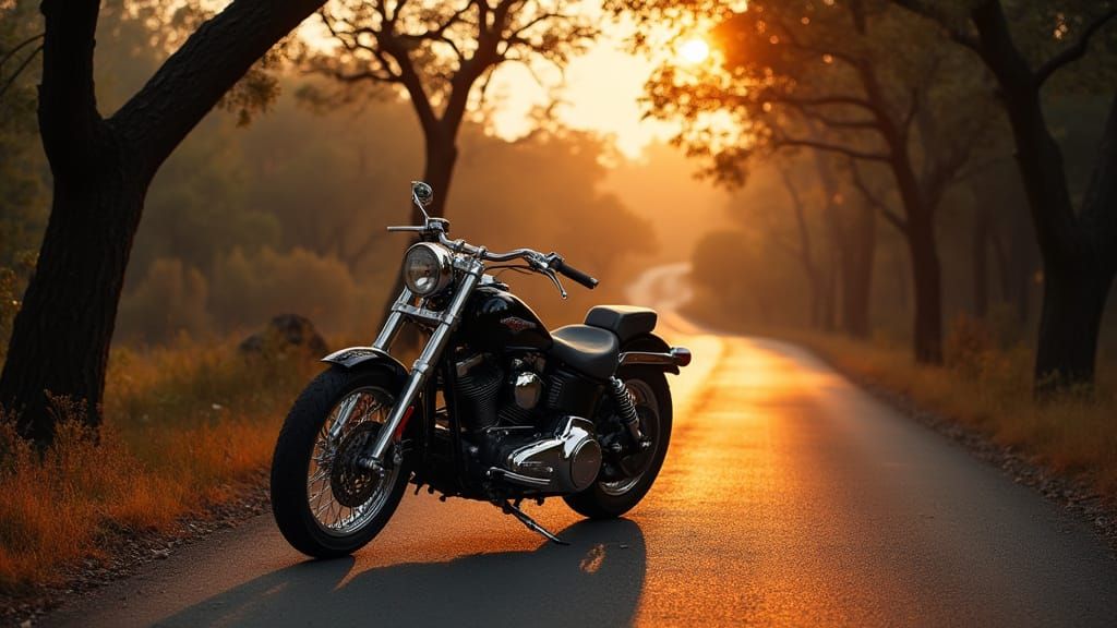 Vintage Motorcycle Amidst Majestic Trees at Dusk