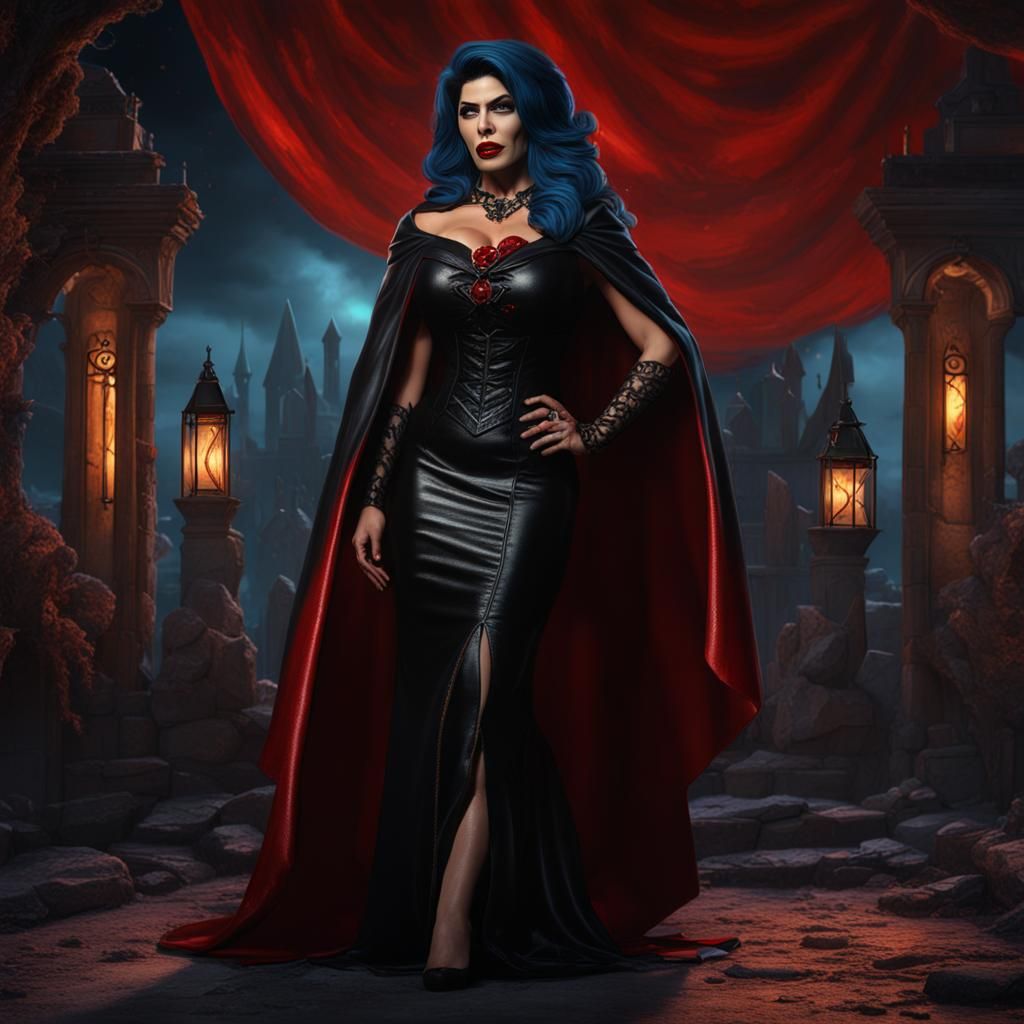Latina Vampire in Black Dress: Detailed Matte Painting