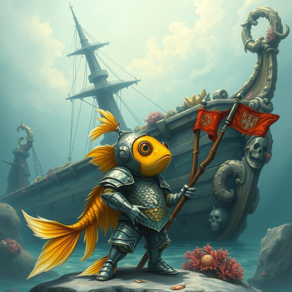 Goldfish Knight Guarding Shipwreck, Whimsical Art