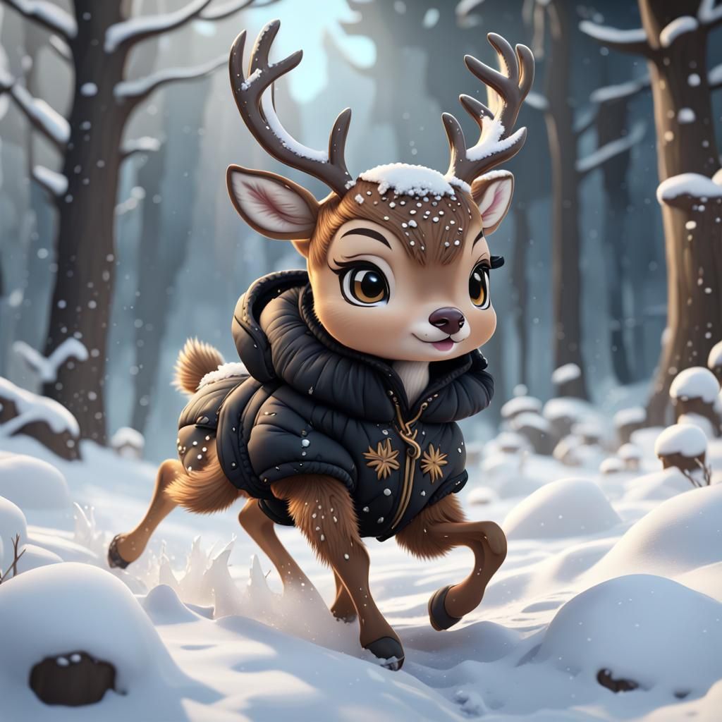 Chibi Deer in Snow, Detailed Digital Painting