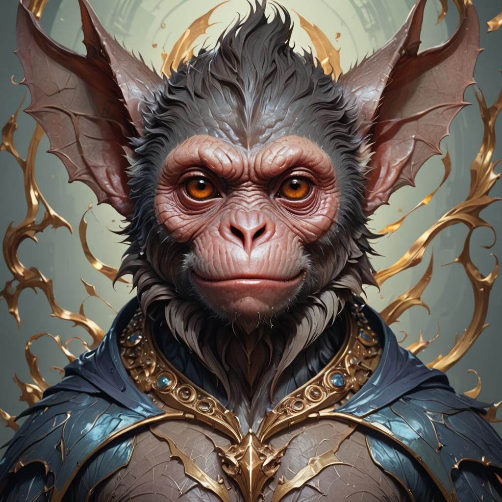 Detailed Monkey Bat Portrait in Art Nouveau Style