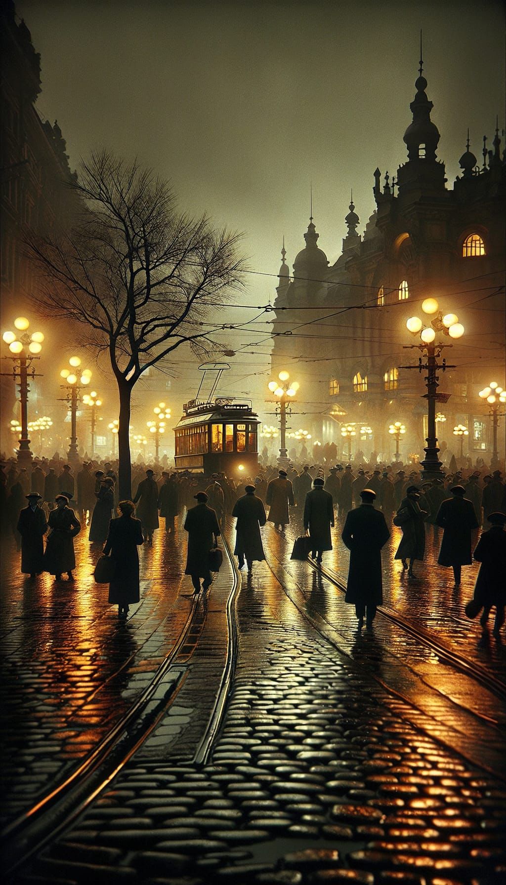 Nighttime City Street Scene with Cobblestone Reflection