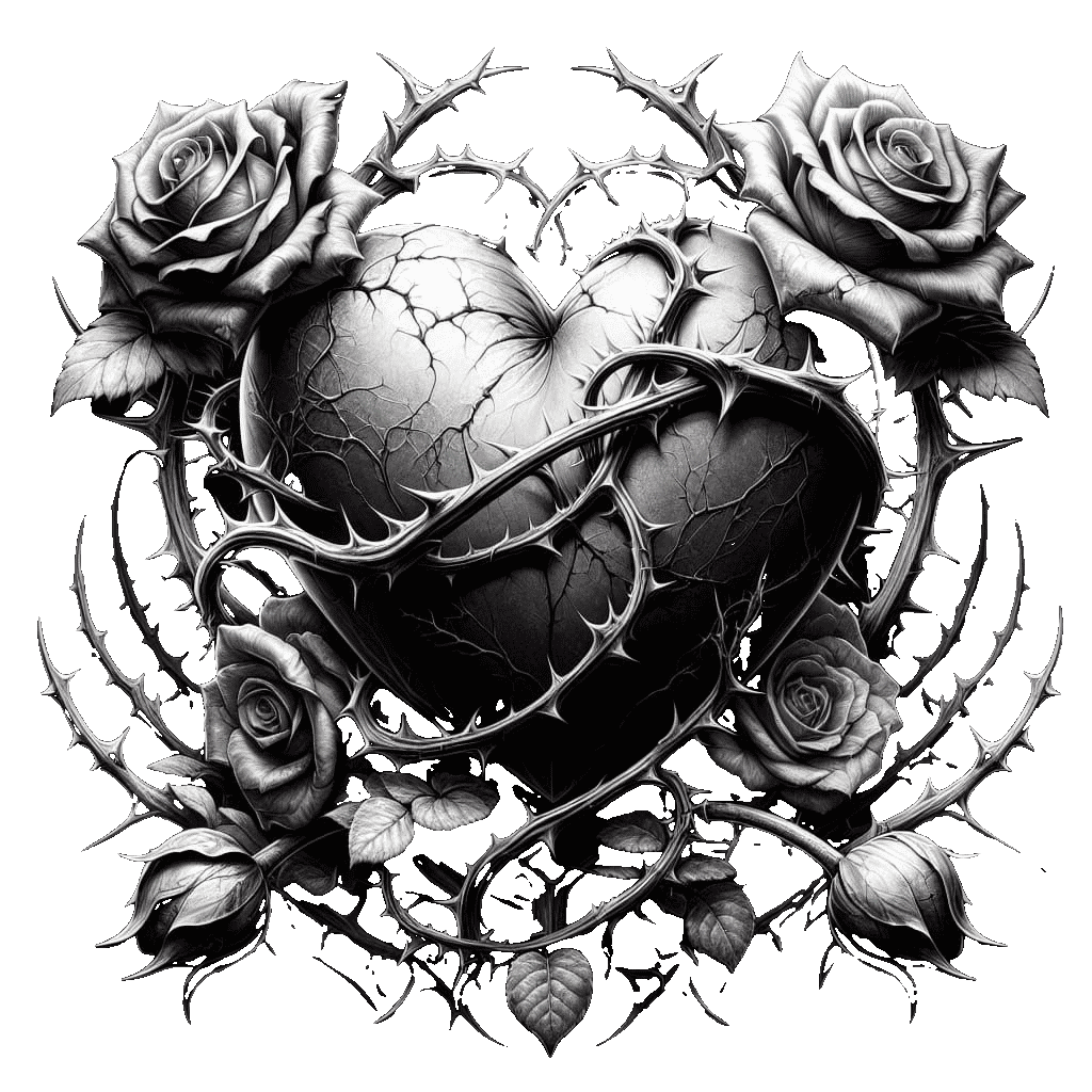 Gothic Black and White Rose Heart with Thorns