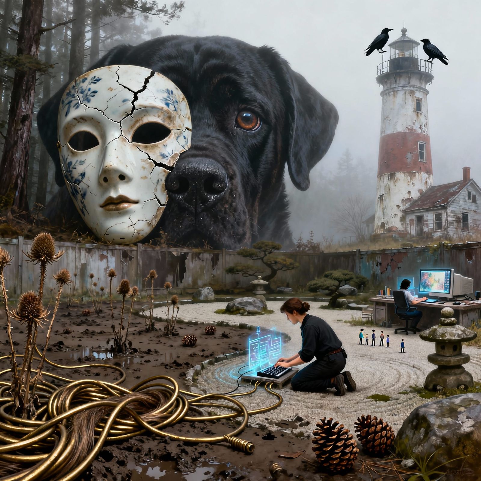 Haunting Mastiff Peering Through Mask in Misty Forest