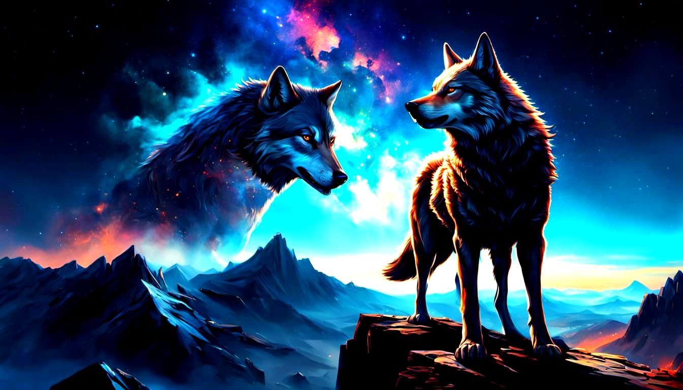 Wolf-Human Hybrid Superhero Under Cosmic Sky