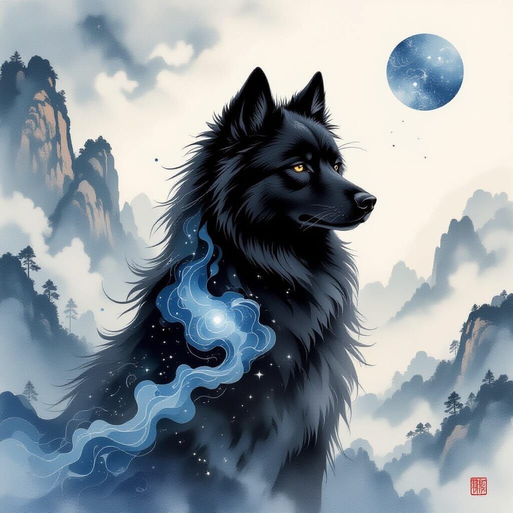 Celestial Ink Dog in Serene Chinese Watercolor Landscape