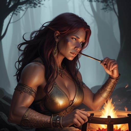 Muscular Barbarian Woman by Campfire in Fantasy Art