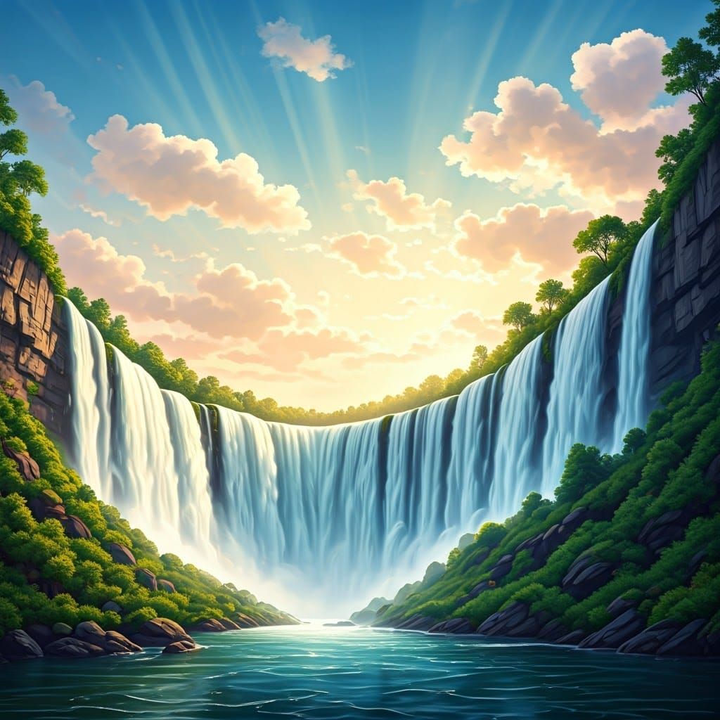 Majestic Waterfall Cascade in Impressionistic Style
