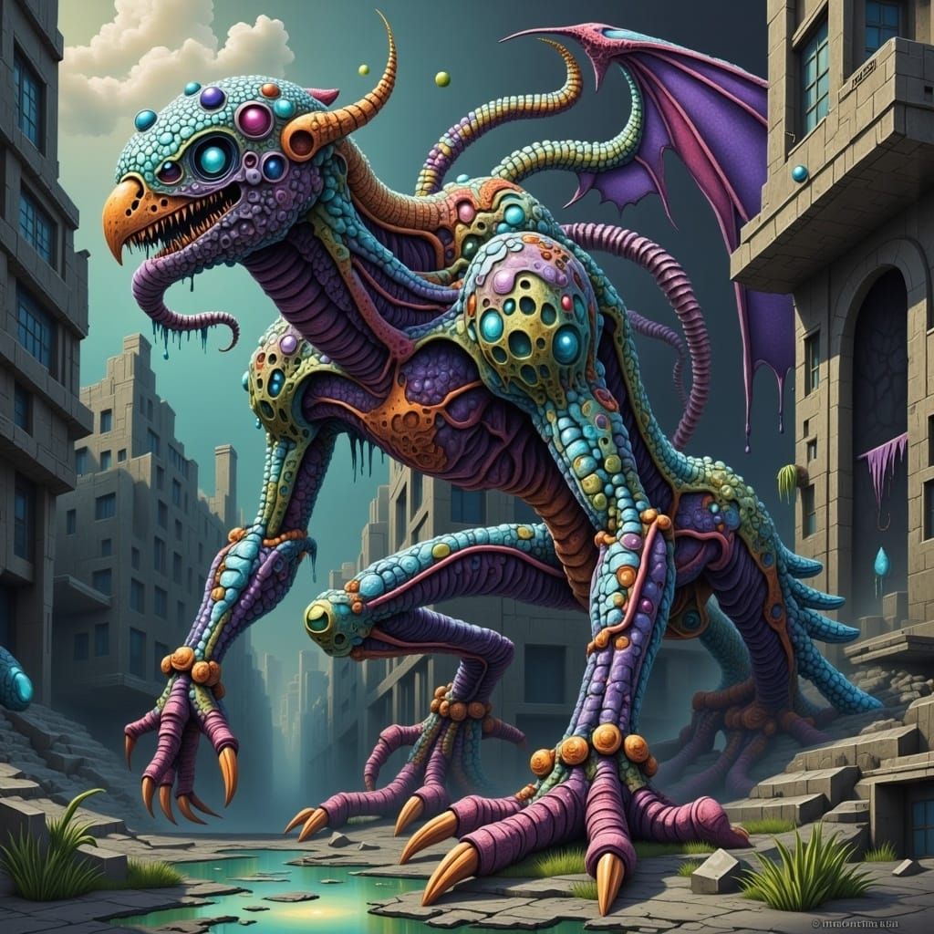 Twisted Avian Abomination in Ruined City