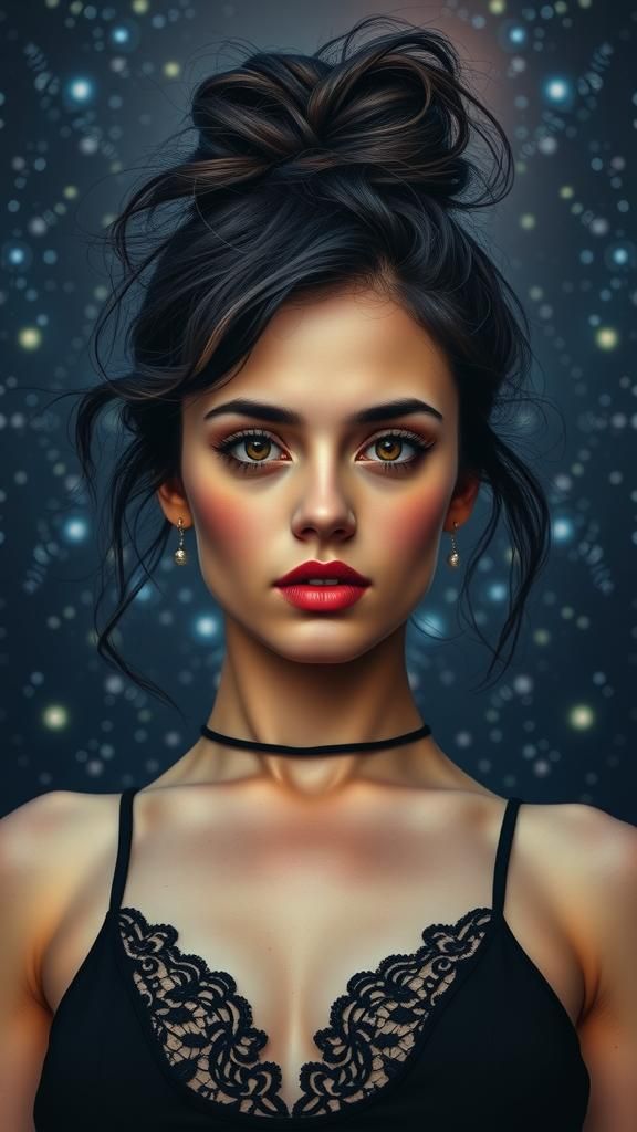 Glamorous Woman with Kaleidoscopic Sky in Hyperrealism