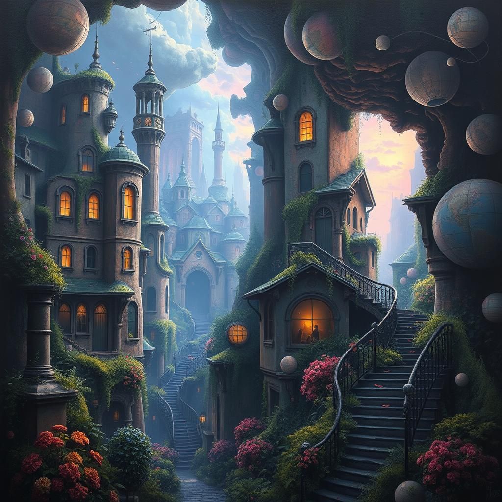 Dreamlike Cityscape with Overgrown Gardens in Surreal Style